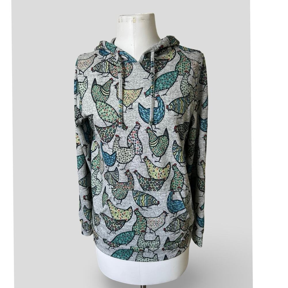 LA Soul Chicken Print Hoodie Womens Size S Heather Gray Graphic Novelty Pullover